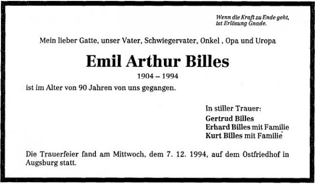 Billes Artur Emil 1905-1994 Todesanzeige